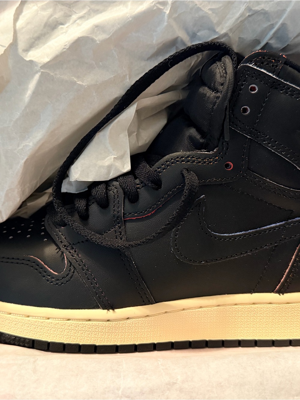 Jordan Kids Black High-Top Sneakers with Cream Sole and Red Stitching Accents